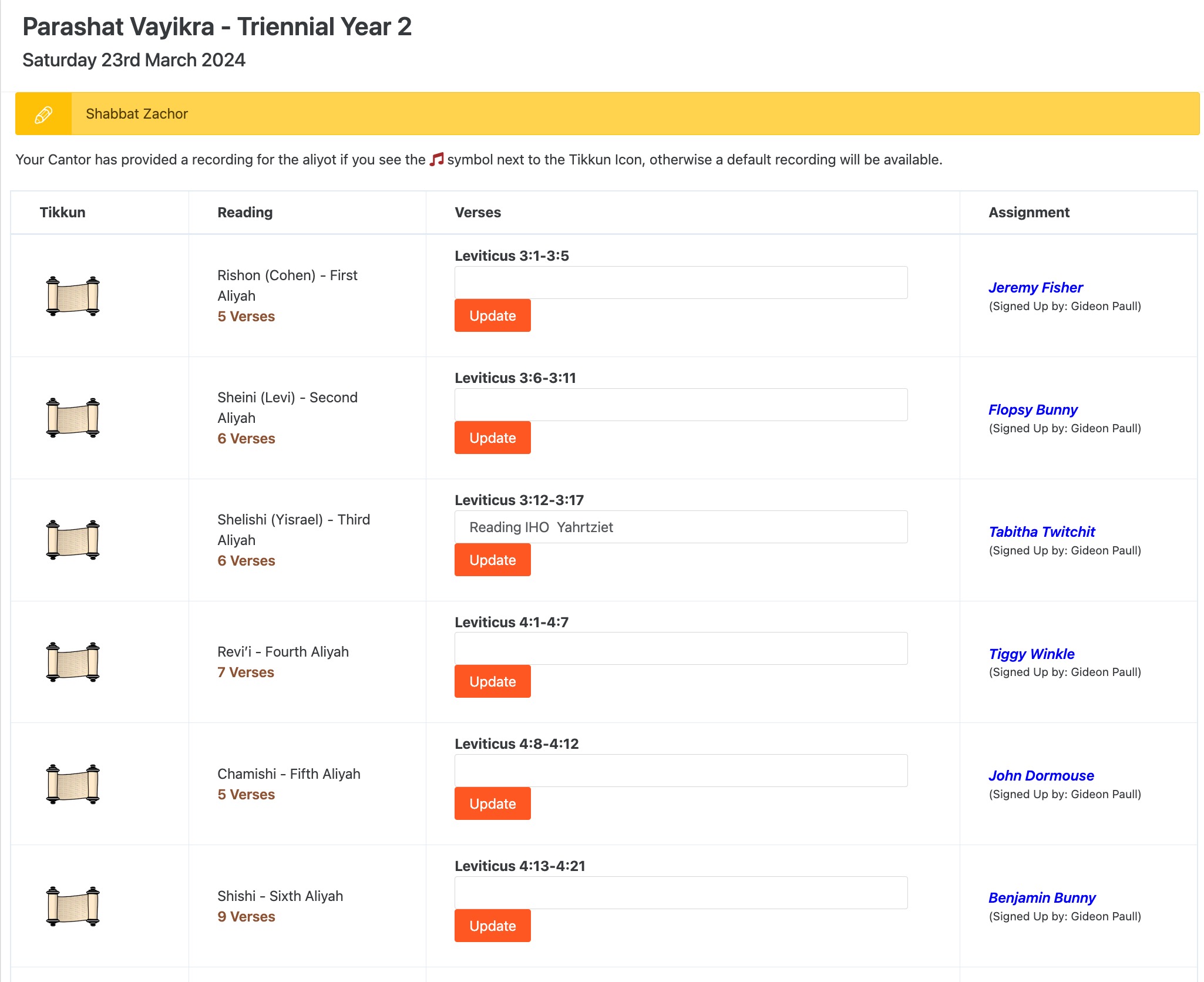 Torah Readers scheduling interface